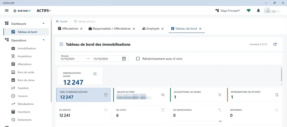 Tableau de bord de KISTAS Immobilisations : 12 247 immobilisations suivies, réparties en service, en stock, en maintenance et réformées. Valeurs financières du client masquées.